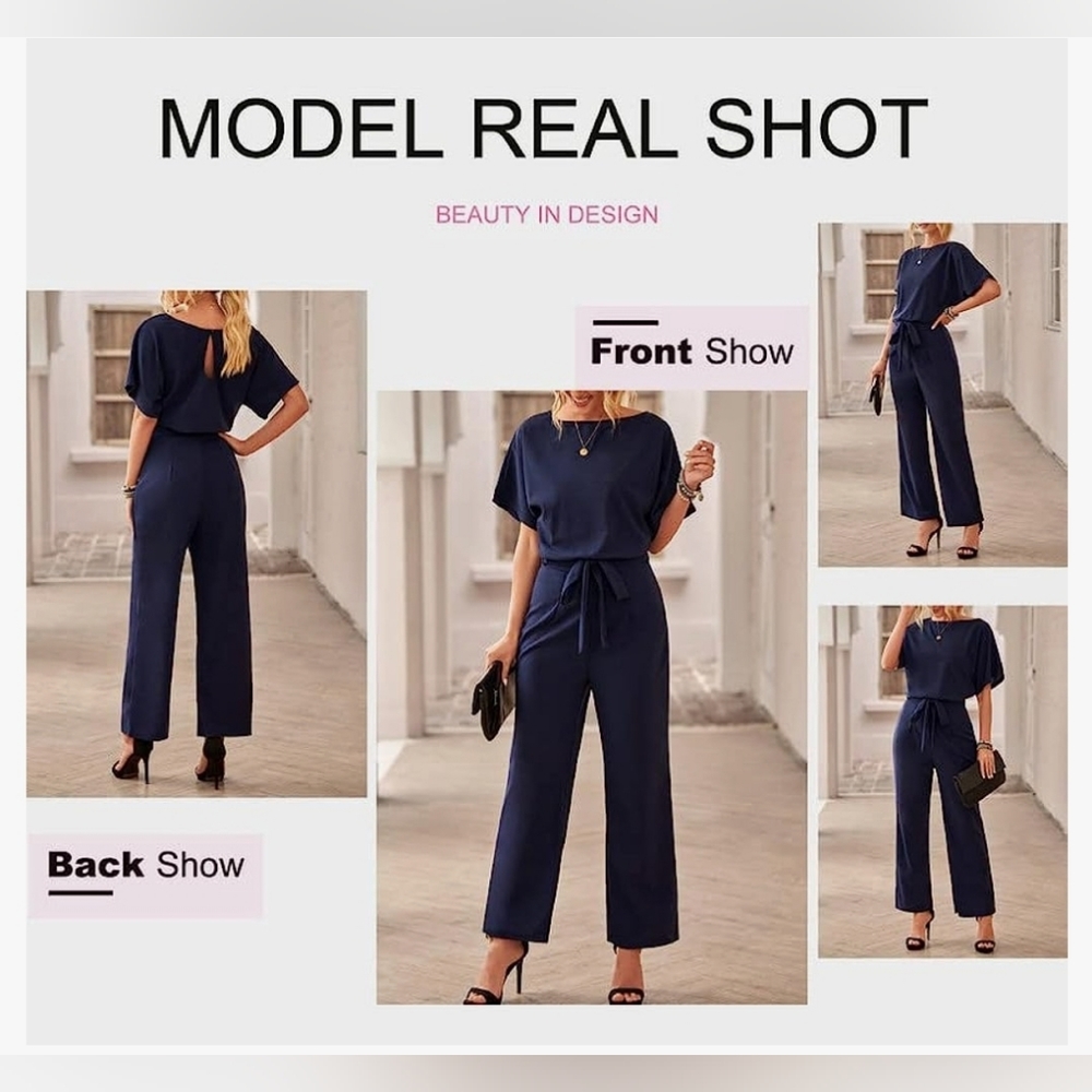Dokotoo Jumpsuits for Women Casual Loose Batwing Sleeve Dressy Crewneck Rompers - Picture 4 of 5
